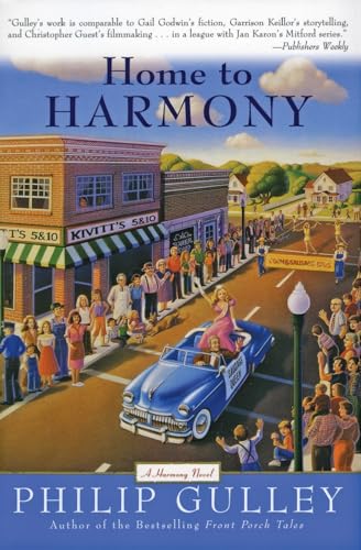 Book cover: "Home to Harmony" depicts a town parade scene with people and cars.