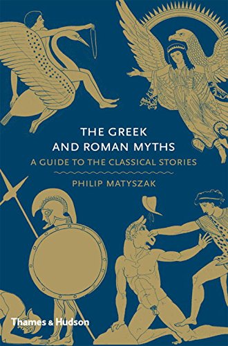 Book cover with gold classical illustrations on a blue background and white text.