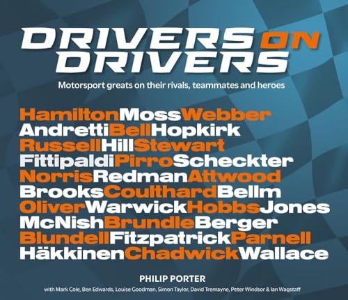 Book cover: “Drivers on Drivers” lists motorsport drivers’ names in orange text.