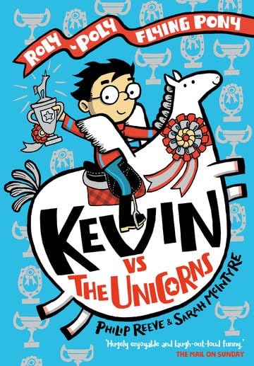 Boy riding a white unicorn with a rosette, book cover illustration.