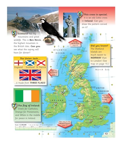 Open atlas page showing a map of the British Isles and related images.