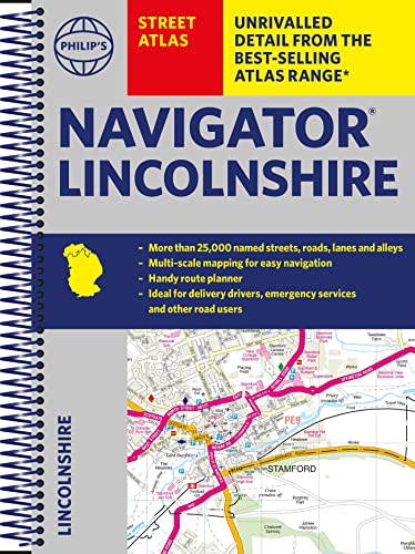 Spiral-bound Philip's street atlas of Lincolnshire with detailed map example.