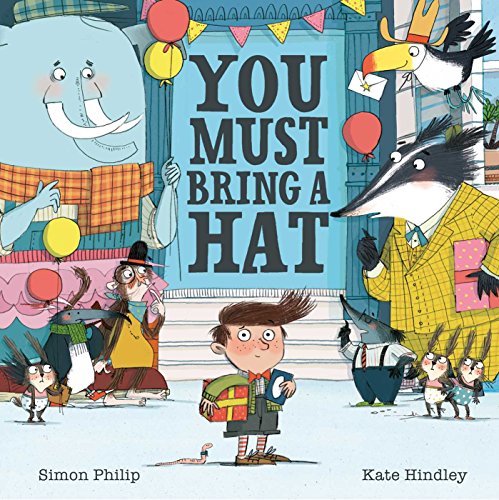 Book cover illustration featuring a boy surrounded by anthropomorphic animals in a party setting.