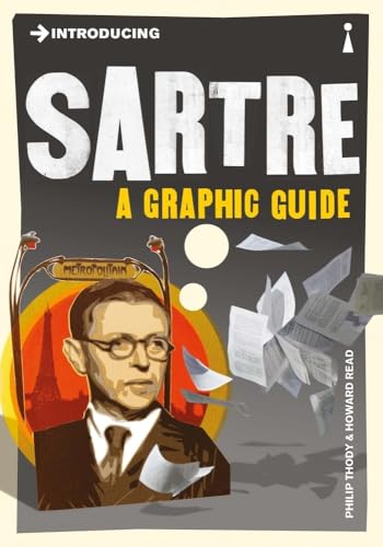 Book cover featuring Jean-Paul Sartre’s portrait with a Parisian backdrop.