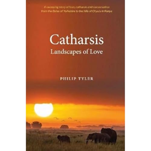 Book cover: "Catharsis" with a sunset landscape and silhouetted elephants.