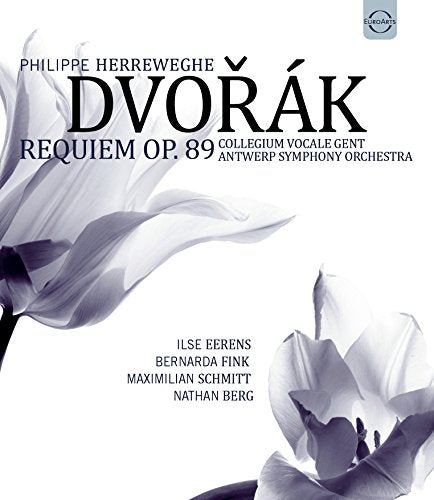 Blu-ray cover for Dvořák’s Requiem, featuring white flowers and text.