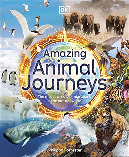 Book cover: “Amazing Animal Journeys” featuring migrating animals like birds, elephants, and whales.