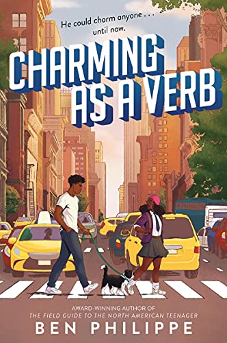 Book cover: two teens and a dog walk a city street.