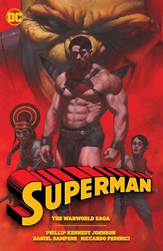 Superman in gladiator gear, with two figures, against a red and orange background.