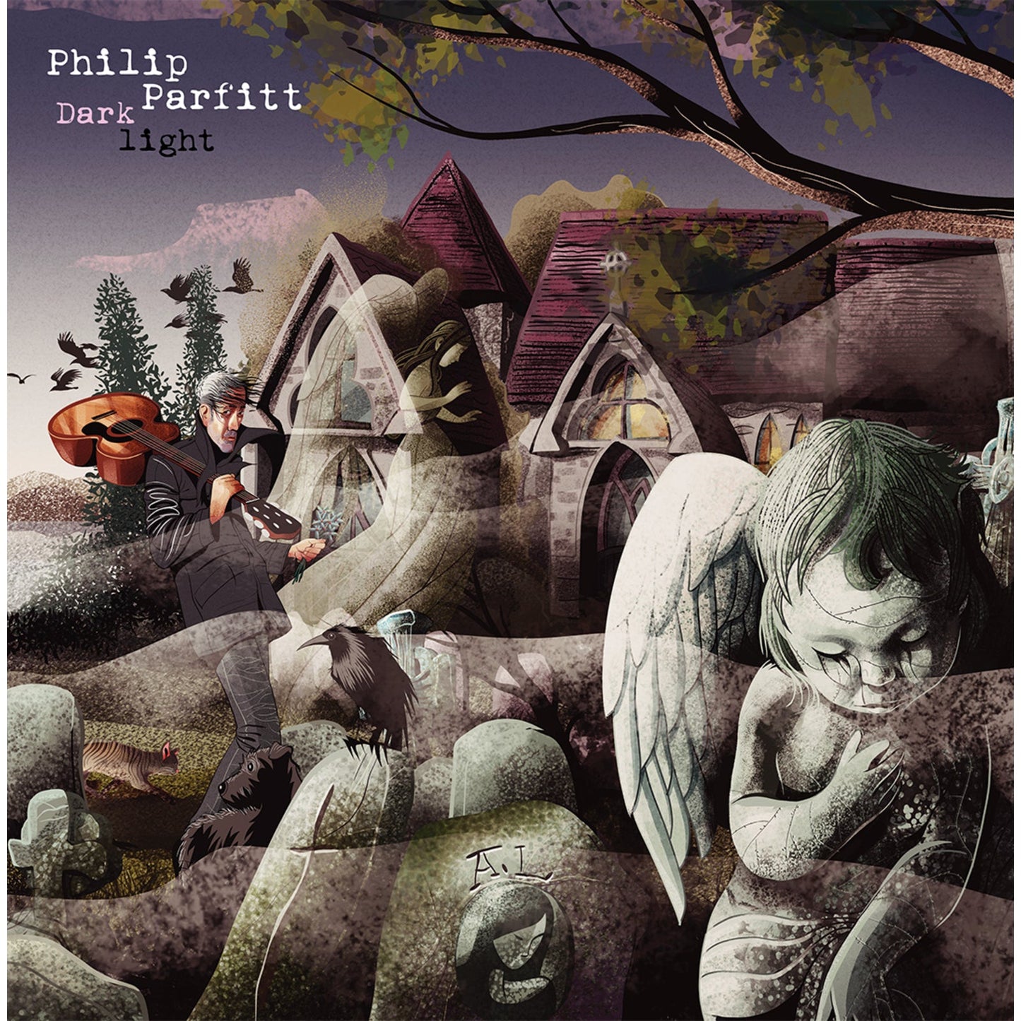 CD cover art featuring a man, a child with wings, and surreal buildings.