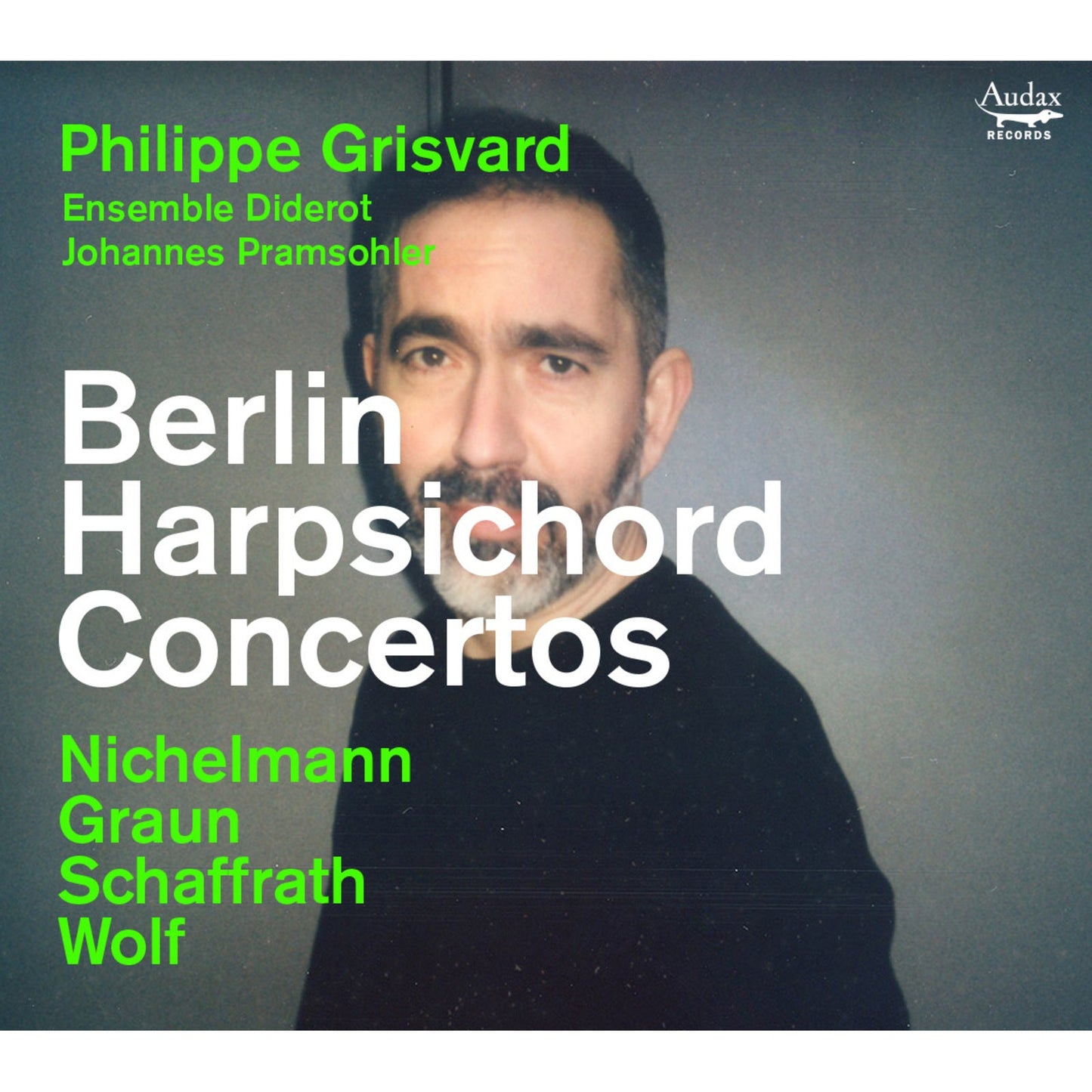 CD cover for “Berlin Harpsichord Concertos” featuring Philippe Grisvard’s portrait.