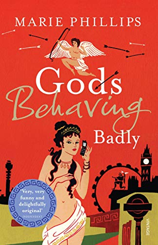 Book cover: red background, goddess with phone, cupid, London landmarks.