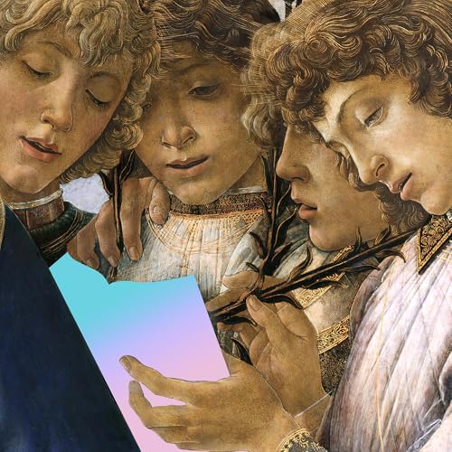 Renaissance-style painting of three figures with a pastel-colored overlay.