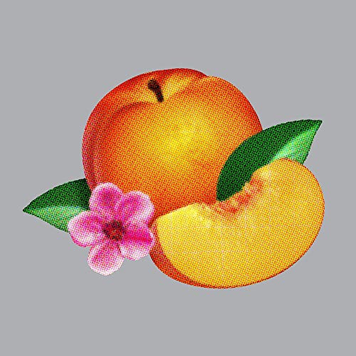 A halftone illustration of a peach, a peach slice, a green leaf, and flower.