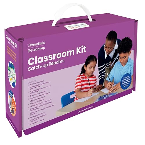 Purple box labeled "Phonic Books Catch-up Classroom Kit" with children reading.