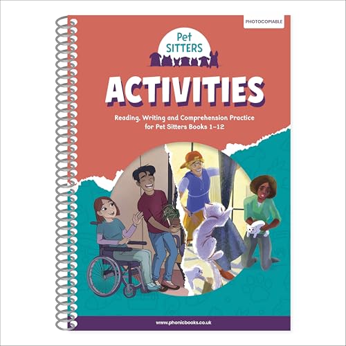 Spiral-bound phonics activity book cover with children and pets illustration.