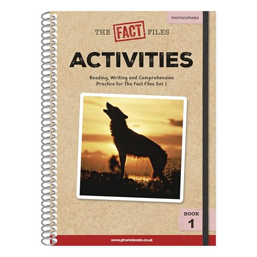 Spiral-bound workbook cover with a wolf image and text about reading activities.