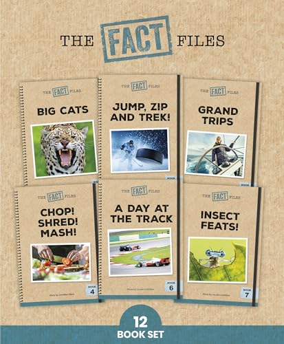 Six educational books from The Fact Files series arranged on a tan background.