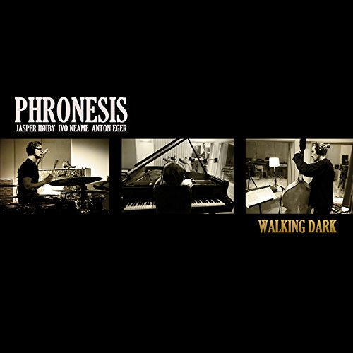 Album cover for Phronesis’ “Walking Dark” featuring three musicians playing.