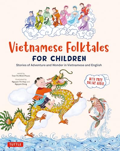 Book cover: Vietnamese folktales with children, a dragon, and koi fish.