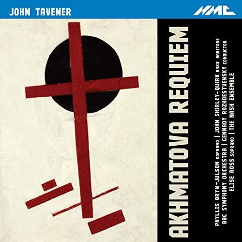 CD cover with abstract red cross, black circle, and text "Akhmatova Requiem" vertically.