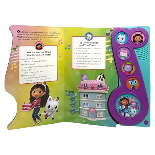 Open Gabby's Dollhouse sound book showing lyrics, illustrations, and a purple music note panel.