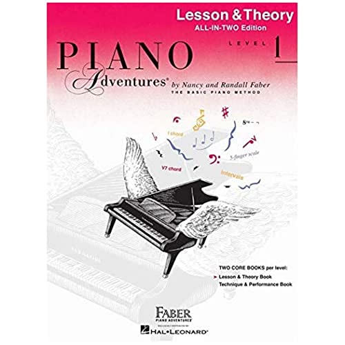 Red piano lesson book, "Piano Adventures" Level 1, with musical notes.