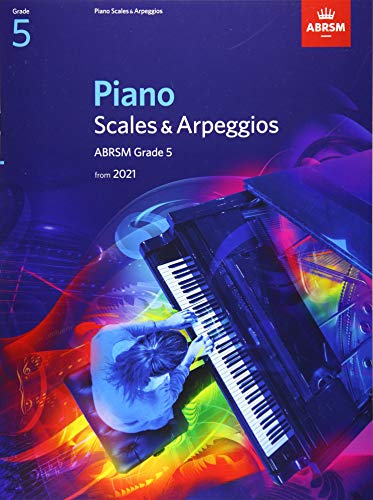 Music book with piano scales and arpeggios for Grade 5, black cover, white text.