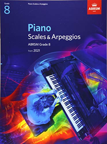 Music book with piano scales and arpeggios for Grade 8, black cover, white text.