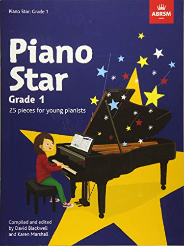 A child playing a grand piano on a blue cover with yellow star graphics.