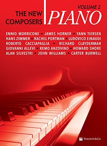 Red piano music book cover featuring composers’ names and a piano keyboard.