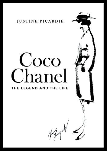 Book cover: black and white sketch of Coco Chanel in a suit.