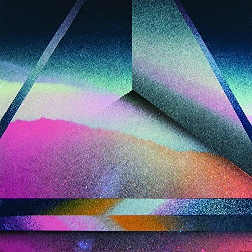 A vinyl record cover with a colorful, abstract, geometric design and layered shapes.