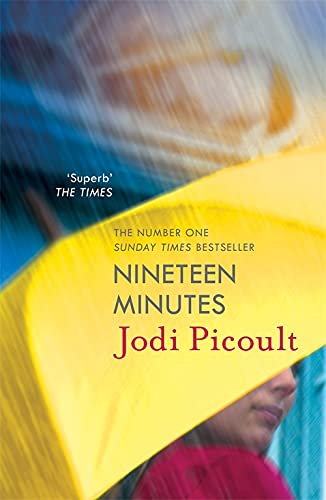 Book cover for Nineteen Minutes by Jodi Picoult showing a person under a yellow umbrella.