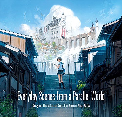 A girl in a school uniform stands on stairs facing a fantasy castle.