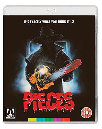 A masked figure in a hat holds a bloody chainsaw on this horror Blu-ray cover.