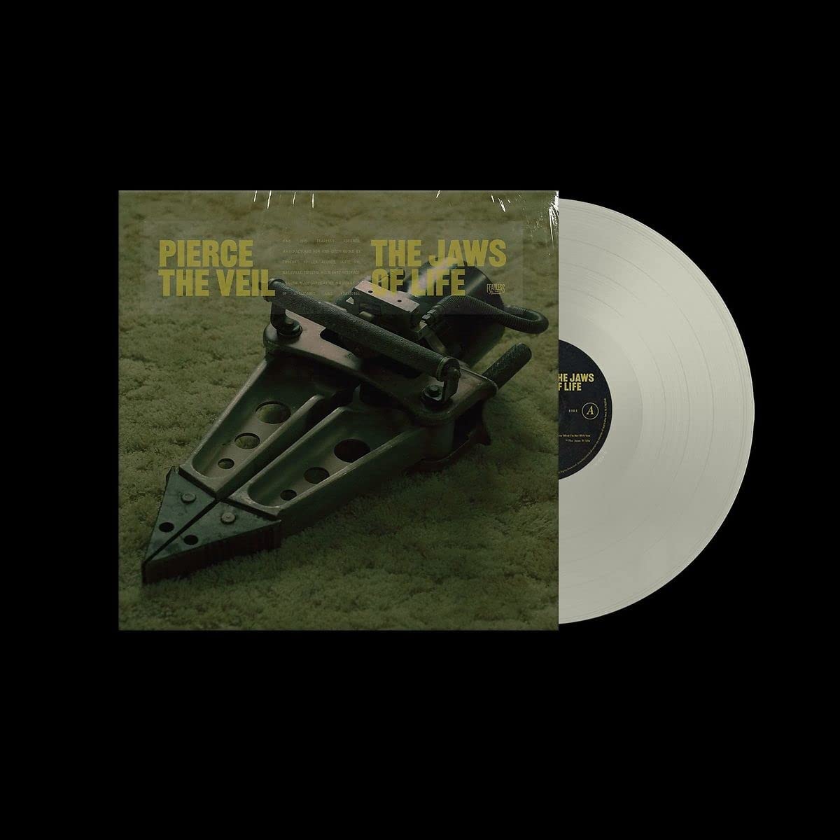 "White vinyl record and cover art featuring a hydraulic rescue tool on grass."