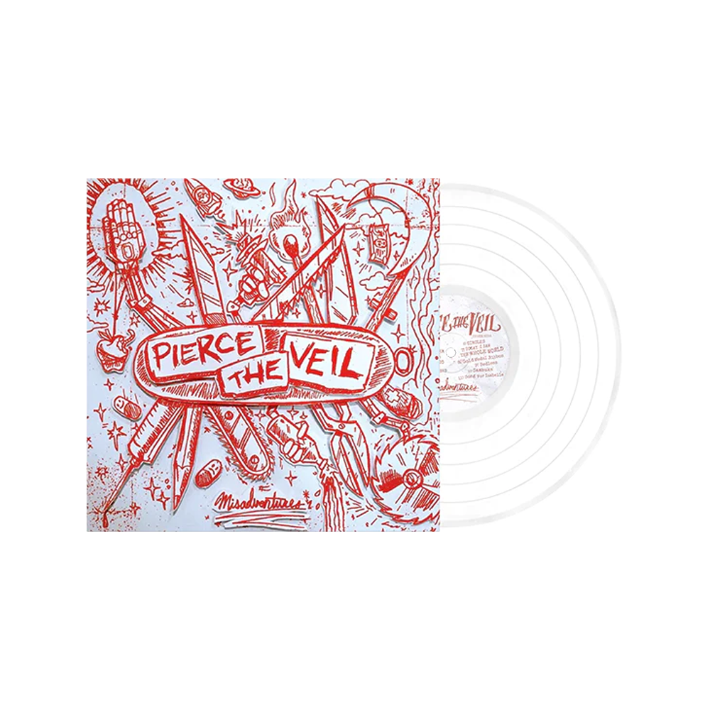 White vinyl record with red illustrated cover art for Pierce The Veil’s “Misadventures”.