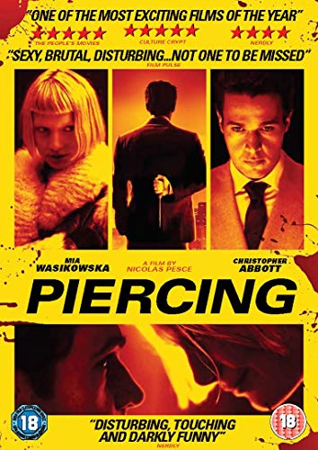 DVD cover for Piercing featuring Mia Wasikowska and Christopher Abbott against a yellow background.