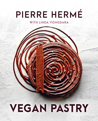 Book cover titled Vegan Pastry featuring a round chocolate tart drizzled with chocolate sauce.