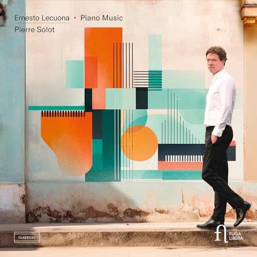 Pierre Solot stands before a wall featuring abstract geometric shapes and piano-themed graphics.