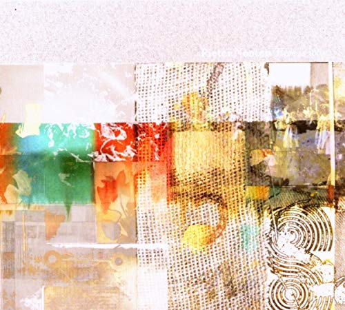 Abstract collage of layered colors and textures, predominantly reds, greens, and golds.