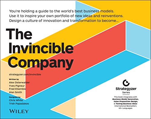 Book cover: "The Invincible Company" with bold text and colorful geometric design.