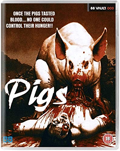 Blu-ray cover art for Pigs showing a bloodied pig attacking a person.