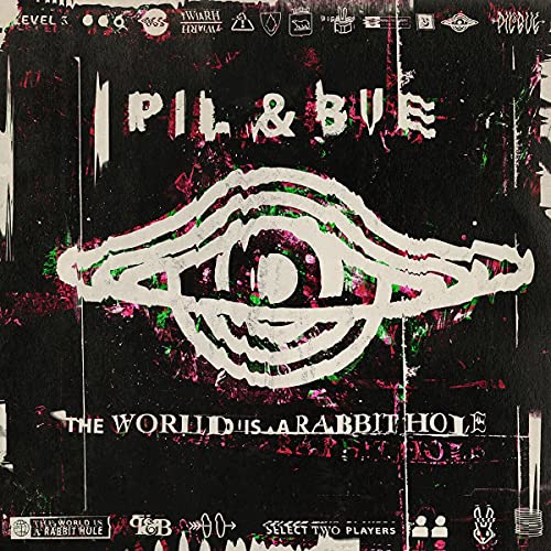 Vinyl record cover with distorted eye and rabbit imagery, dark background.