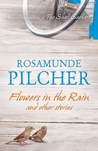 Book cover with sparrows, bicycle wheel, and text “Flowers in the Rain.”