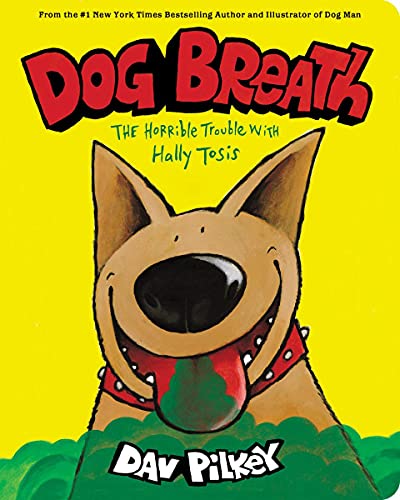 Cartoon dog with open mouth and tongue out on a yellow background.