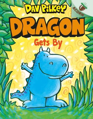 Blue cartoon dragon with open arms on a yellow and green cover.