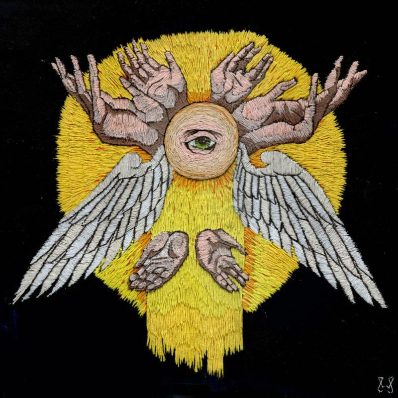 Yellow and white embroidered image of a winged, multi-handed figure.