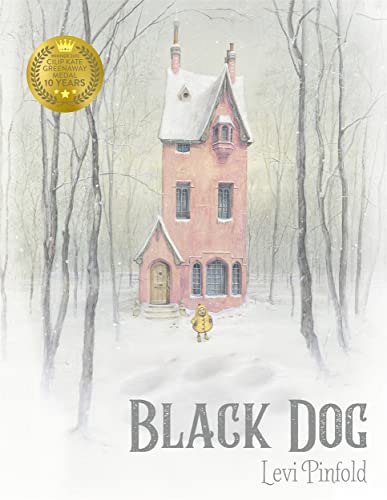 Watercolor illustration of a tall house in a snowy forest with a small figure.